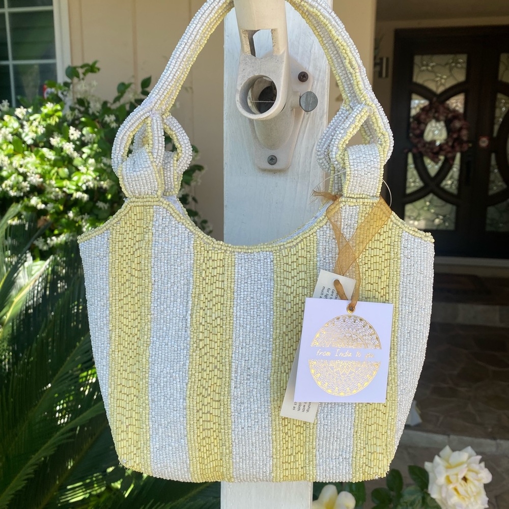 SOLD! From India to You/Made in India Yellow and White Beaded Bag/Purse